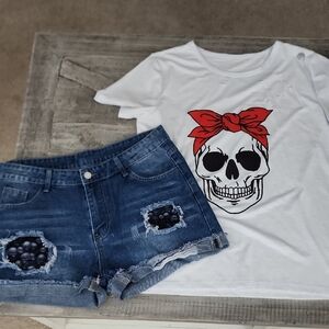White Skull Graphic Tee and Blue Denim Shorts